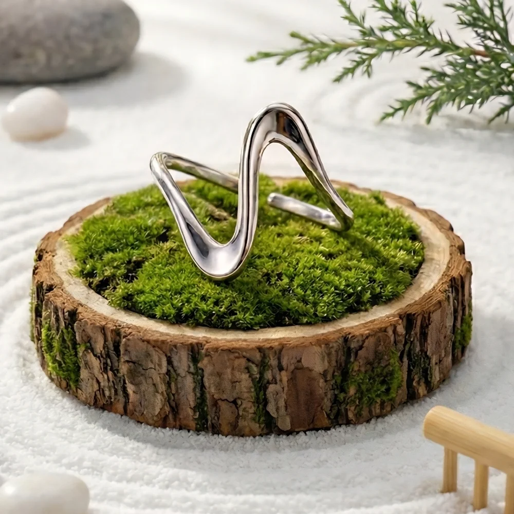Silver Wave Ring 18K White Gold Plated Dainty Stylish Stainless Steel
